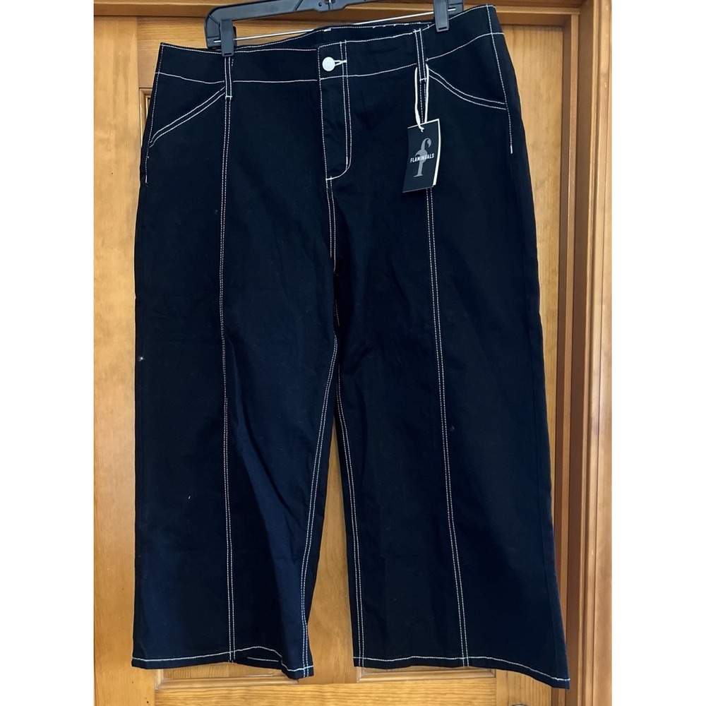 Flamingals Women's Pants Black with White Stitching Sz 3XL Capri Wide Leg